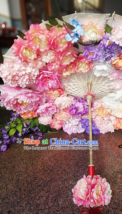 Traditional Chinese Hanfu Pink Peony Umbrella Ancient Princess Umbrellas for Women