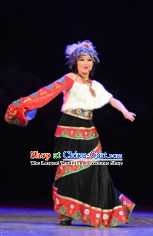 Chinese Tamrac Heaven Zang Nationality Folk Dance Black Dress Stage Performance Costume and Headpiece for Women