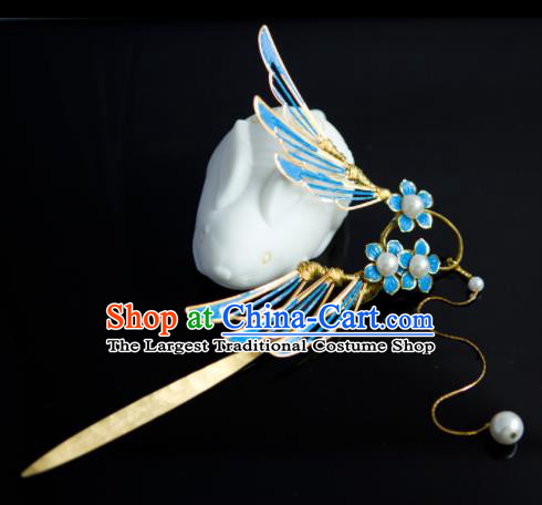 Traditional Chinese Classical Blue Wing Hairpins Ancient Princess Hanfu Hair Accessories for Women