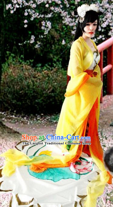 Chinese Cosplay Goddess Fairy Princess Yellow Dress Ancient Female Swordsman Knight Costume for Women