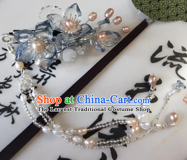 Traditional Chinese Hanfu Palace Blue Flowers Pearls Tassel Hair Claw Hairpins Ancient Princess Hair Accessories for Women