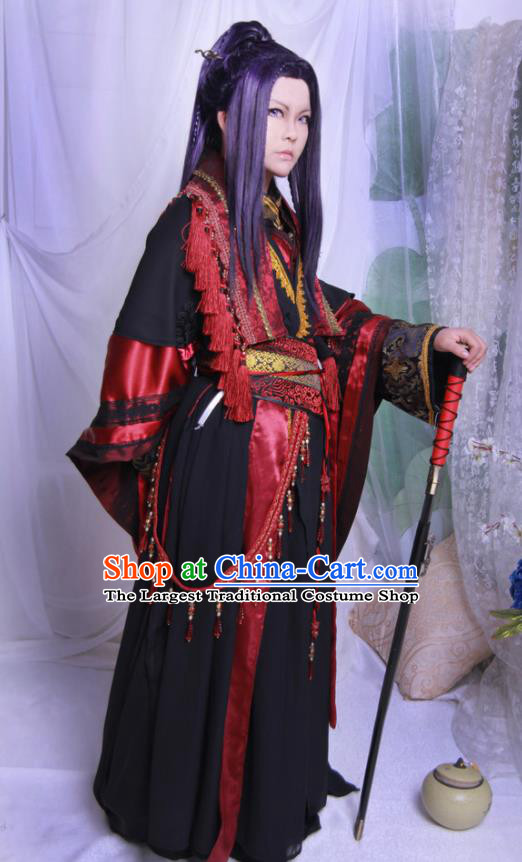 Traditional Chinese Cosplay Swordsman Black Clothing Ancient Royal Highness Costume for Men