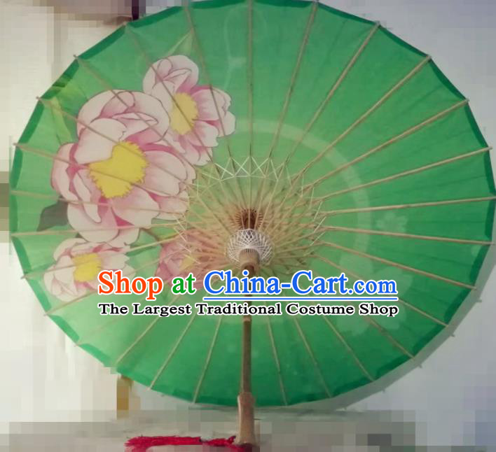 Chinese Handmade Printing Peony Green Oil Paper Umbrella Traditional Decoration Umbrellas