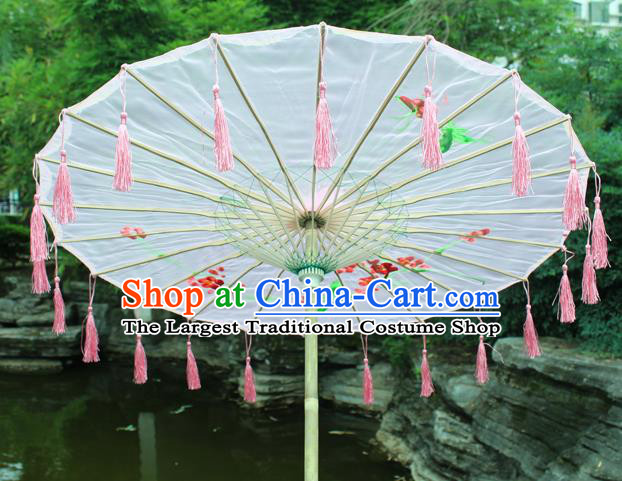 Handmade Chinese Printing Flowers Pink Tassel Silk Umbrella Traditional Classical Dance Decoration Umbrellas