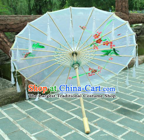 Handmade Chinese Printing Flowers White Tassel Silk Umbrella Traditional Classical Dance Decoration Umbrellas