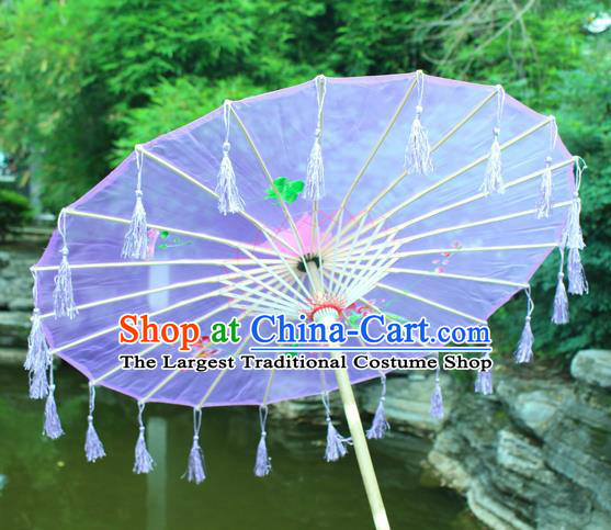 Handmade Chinese Printing Flowers Purple Tassel Silk Umbrella Traditional Classical Dance Decoration Umbrellas