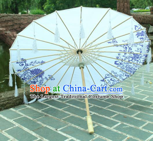 Handmade Chinese Printing Lotus White Tassel Silk Umbrella Traditional Classical Dance Decoration Umbrellas