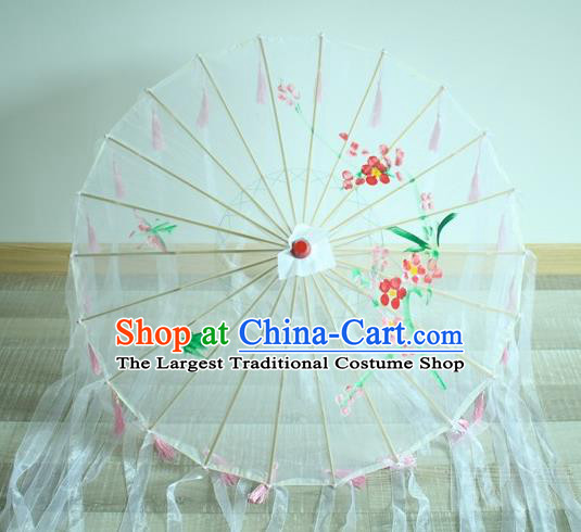 Handmade Chinese Printing Flowers White Ribbon Silk Umbrella Traditional Classical Dance Decoration Umbrellas