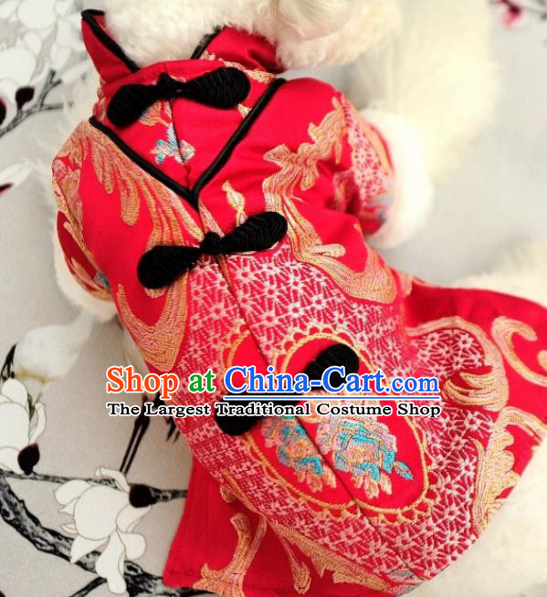 Traditional Asian Chinese Pets Clothing Winter Dog Red Brocade Costumes for New Year