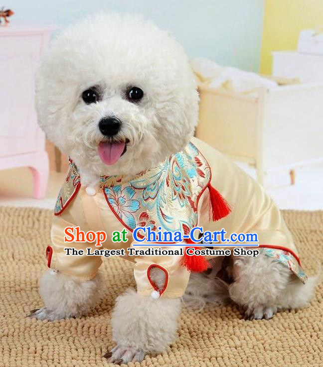 Traditional Asian Chinese Pets Winter Clothing Dog Beige Satin Costumes for New Year Spring Festival