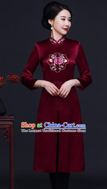 Traditional Chinese Purplish Red Silk Cheongsam Coat Mother Tang Suit Stand Collar Overcoat for Women