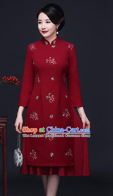 Traditional Chinese Red Woolen Cheongsam Mother Tang Suit Qipao Dress for Women