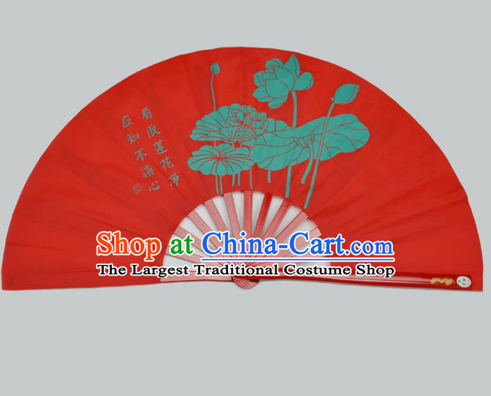 Chinese Handmade Printing Lotus Red Kung Fu Fans Accordion Fan Traditional Decoration Folding Fan