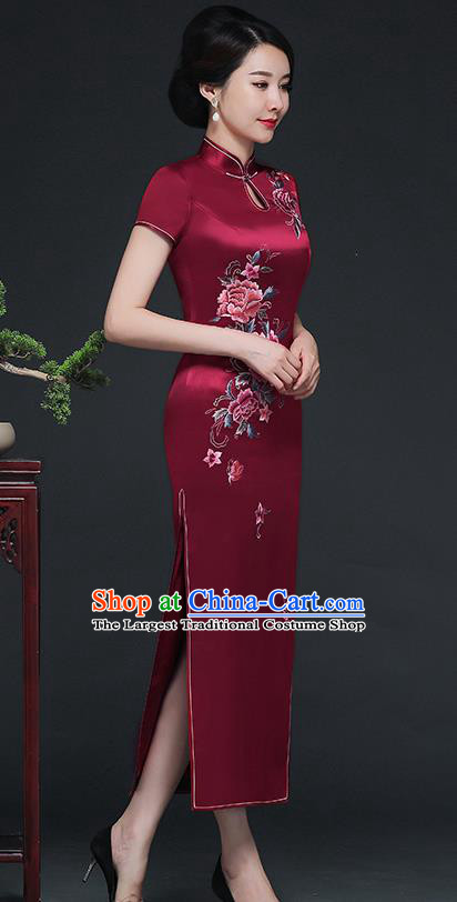 Traditional Chinese Embroidered Peony Wine Red Silk Cheongsam Mother Tang Suit Qipao Dress for Women