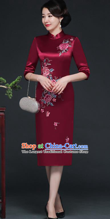 Traditional Chinese Embroidered Peony Purplish Red Silk Short Cheongsam Mother Tang Suit Qipao Dress for Women