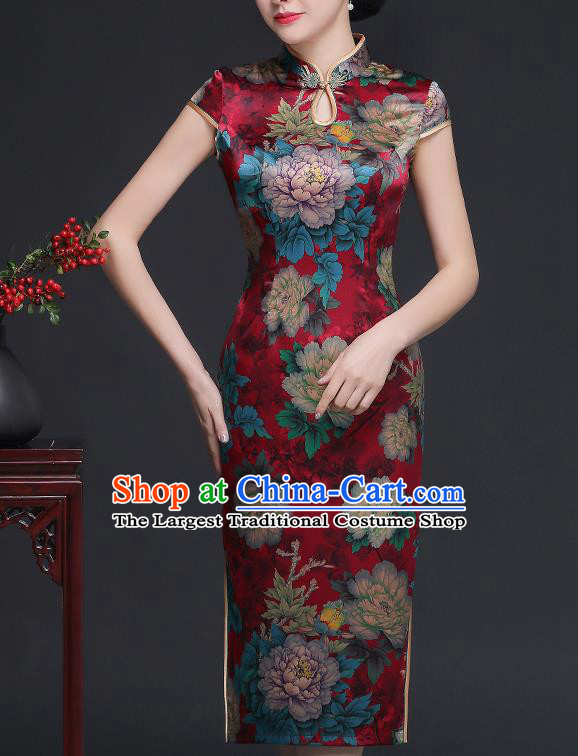 Traditional Chinese Printing Peony Red Silk Cheongsam Mother Tang Suit Qipao Dress for Women