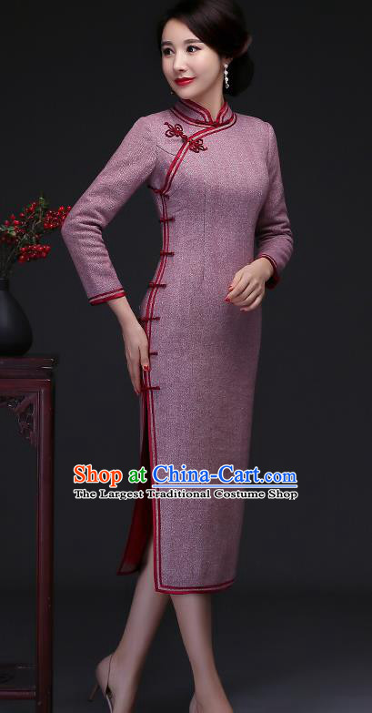 Traditional Chinese Lilac Woolen Cheongsam Mother Tang Suit Qipao Dress for Women