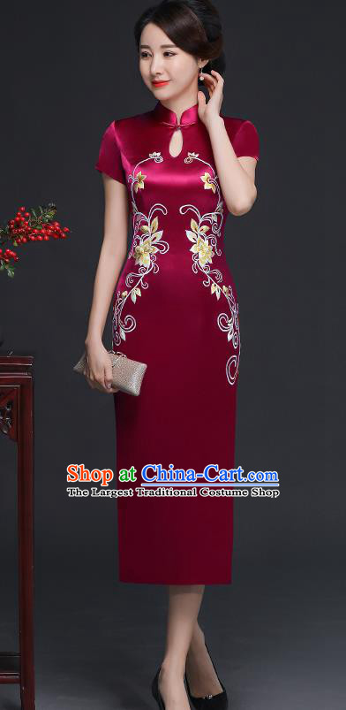 Traditional Chinese Embroidered Wine Red Silk Cheongsam Mother Tang Suit Qipao Dress for Women