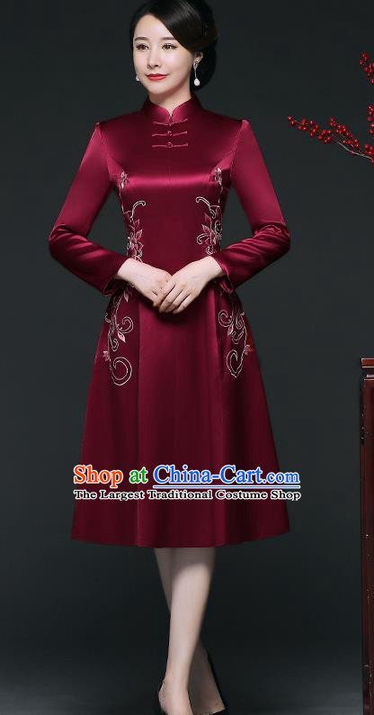 Traditional Chinese Embroidered Lotus Wine Red Silk Cheongsam Mother Tang Suit Qipao Dress for Women