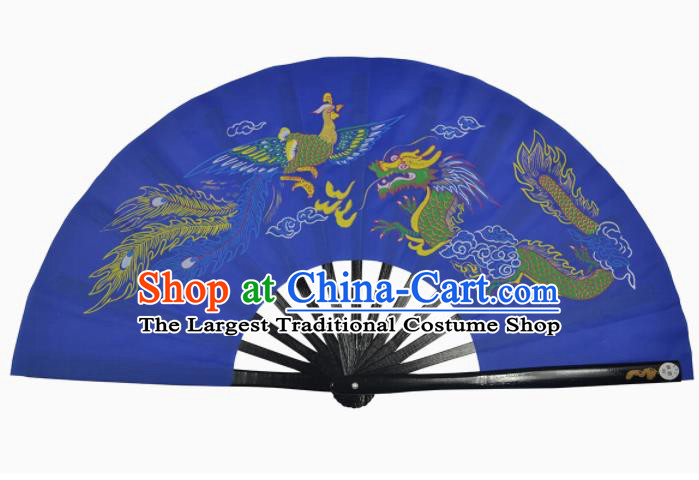 Chinese Handmade Martial Arts Printing Dragon Phoenix Blue Silk Fans Accordion Fan Traditional Kung Fu Folding Fan