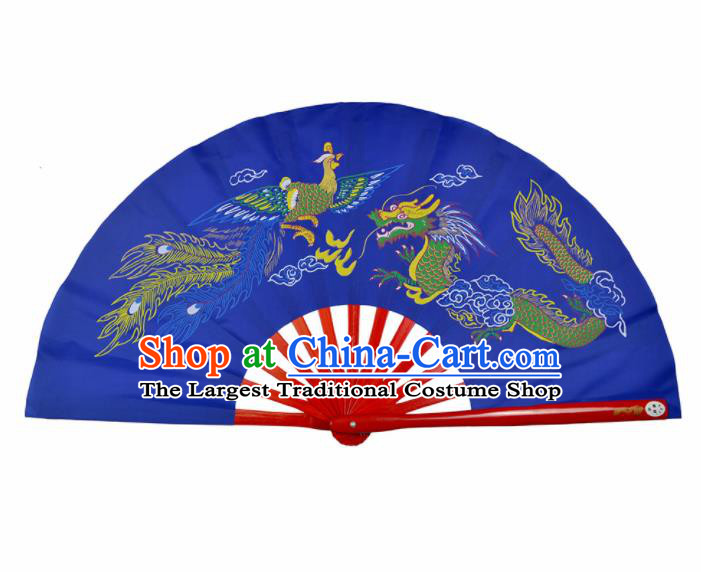 Chinese Handmade Martial Arts Printing Dragon Phoenix Royalblue Silk Fans Accordion Fan Traditional Kung Fu Folding Fan