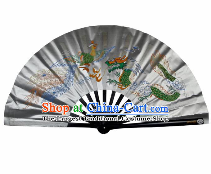 Chinese Handmade Martial Arts Printing Phoenix Dragon Grey Silk Fans Accordion Fan Traditional Kung Fu Folding Fan