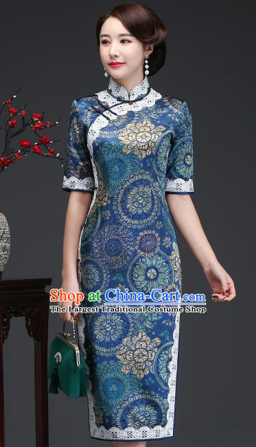 Traditional Chinese Printing Blue Silk Cheongsam Mother Tang Suit Qipao Dress for Women