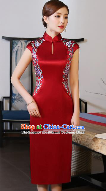 Traditional Chinese Embroidered Peony Red Silk Short Cheongsam Mother Tang Suit Qipao Dress for Women