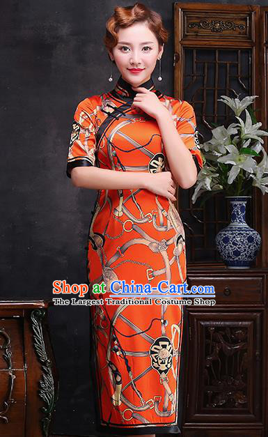 Traditional Chinese Printing Orange Silk Cheongsam Mother Tang Suit Qipao Dress for Women