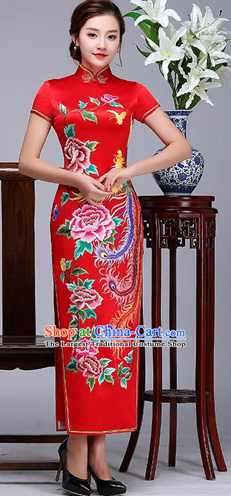 Traditional Chinese Embroidered Phoenix Peony Red Silk Cheongsam Mother Tang Suit Qipao Dress for Women