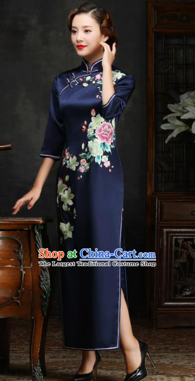 Traditional Chinese Embroidered Peony Navy Silk Cheongsam Mother Tang Suit Qipao Dress for Women