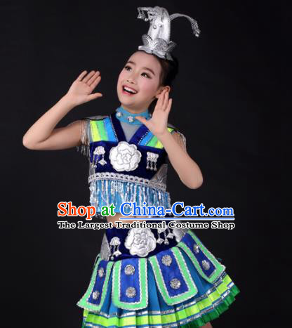 Traditional Chinese Child Miao Nationality Royalblue Short Skirt Ethnic Minority Folk Dance Costume and Headpiece for Kids