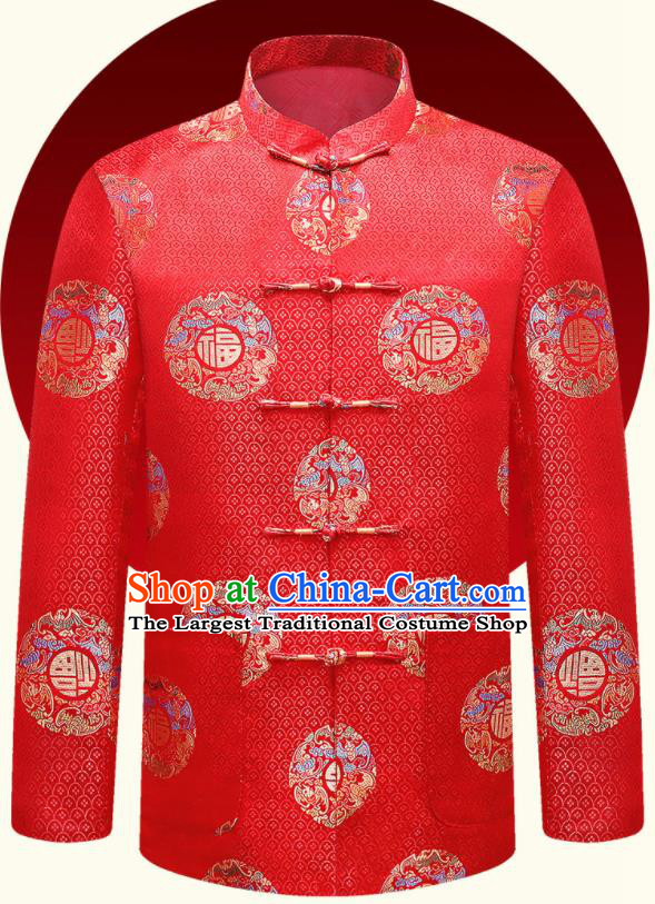 Traditional Chinese Lucky Pattern Red Brocade Cotton Wadded Jacket New Year Tang Suit Overcoat for Old Men