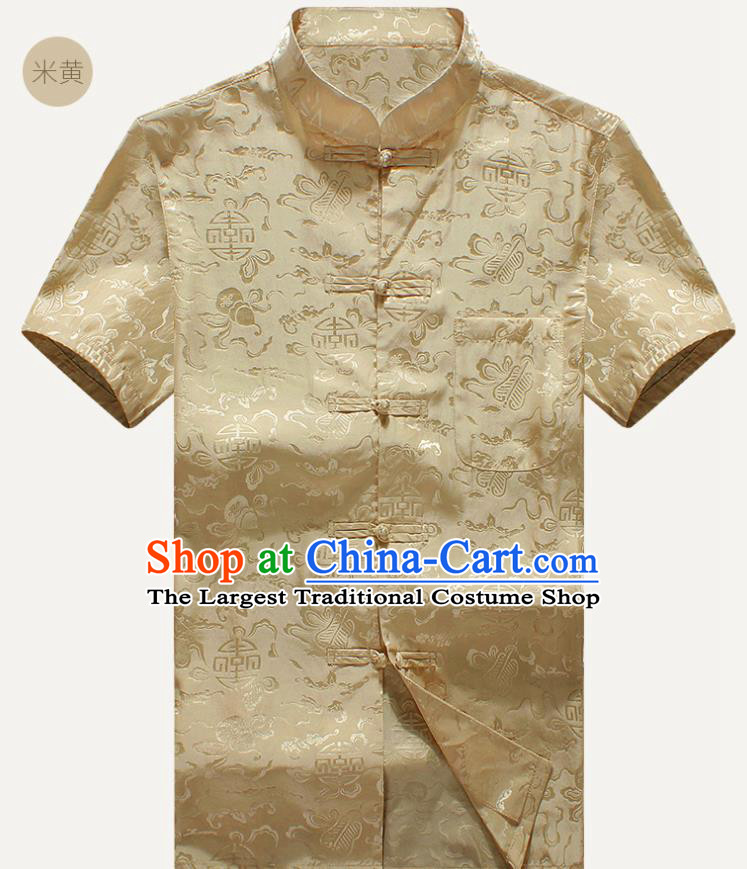 Traditional Chinese Tang Suit Golden Silk Shirt Tai Chi Training Costumes for Old Men