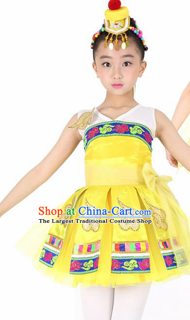 Traditional Chinese Child Mongol Nationality Yellow Dress Ethnic Minority Folk Dance Costume for Kids