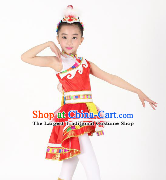 Traditional Chinese Child Zang Nationality Red Veil Short Dress Ethnic Minority Folk Dance Costume for Kids