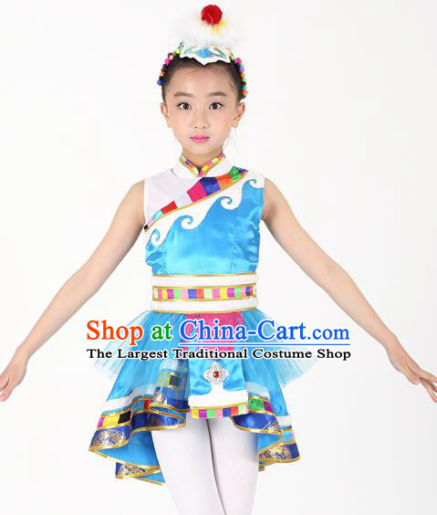 Traditional Chinese Child Zang Nationality Blue Veil Short Dress Ethnic Minority Folk Dance Costume for Kids