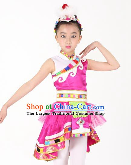 Traditional Chinese Child Zang Nationality Rosy Veil Short Dress Ethnic Minority Folk Dance Costume for Kids