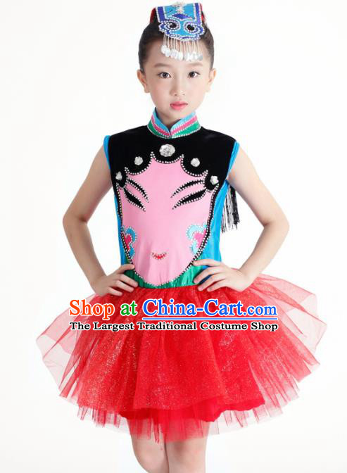 Traditional Chinese Children Classical Dance Red Veil Dress Stage Show Costume for Kids