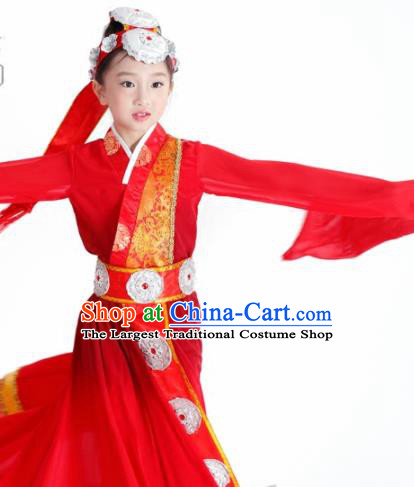 Traditional Chinese Child Zang Nationality Red Water Sleeve Dress Ethnic Minority Folk Dance Costume for Kids