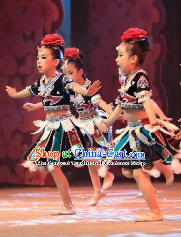 Traditional Chinese Child Dong Nationality Black Short Skirt Ethnic Minority Folk Dance Costume for Kids