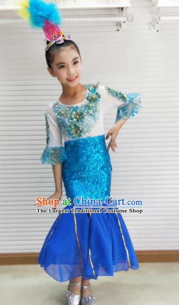 Traditional Chinese Child Dai Nationality Blue Dress Ethnic Minority Folk Dance Costume for Kids