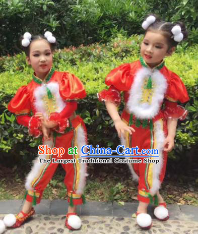 Traditional Chinese Folk Dance Spring Festival Fan Dance Red Clothing Yangko Dance Stage Show Costume for Kids