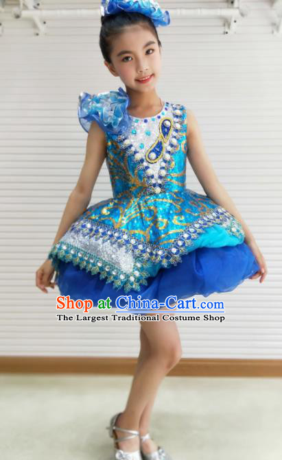 Traditional Chinese Children Opening Dance Royalblue Short Dress Stage Show Costume for Kids