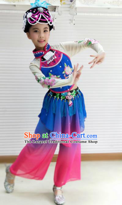 Traditional Chinese Folk Dance Spring Festival Fan Dance Blue Outfits Yangko Dance Stage Show Costume for Kids