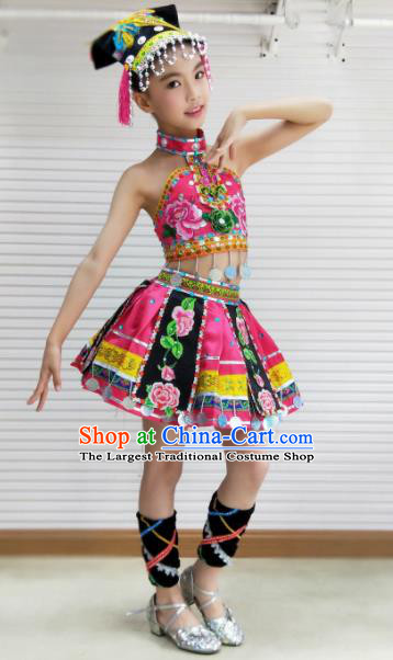 Traditional Chinese Child Yi Nationality Pink Skirt Ethnic Minority Folk Dance Costume for Kids