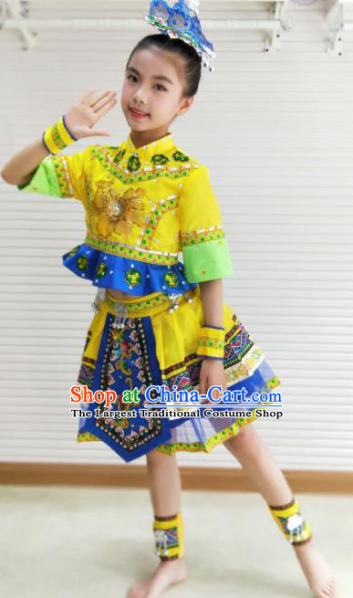 Traditional Chinese She Nationality Child Yellow Dress Ethnic Minority Folk Dance Costume for Kids