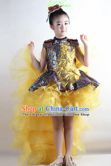 Traditional Chinese Children Classical Dance Yellow Veil Trailing Dress Stage Show Costume for Kids