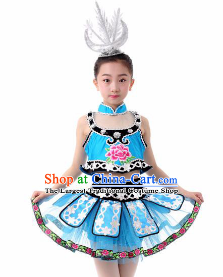 Traditional Chinese Child Miao Nationality Blue Skirt Ethnic Minority Folk Dance Costume for Kids