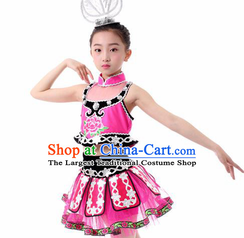 Traditional Chinese Child Miao Nationality Rosy Skirt Ethnic Minority Folk Dance Costume for Kids